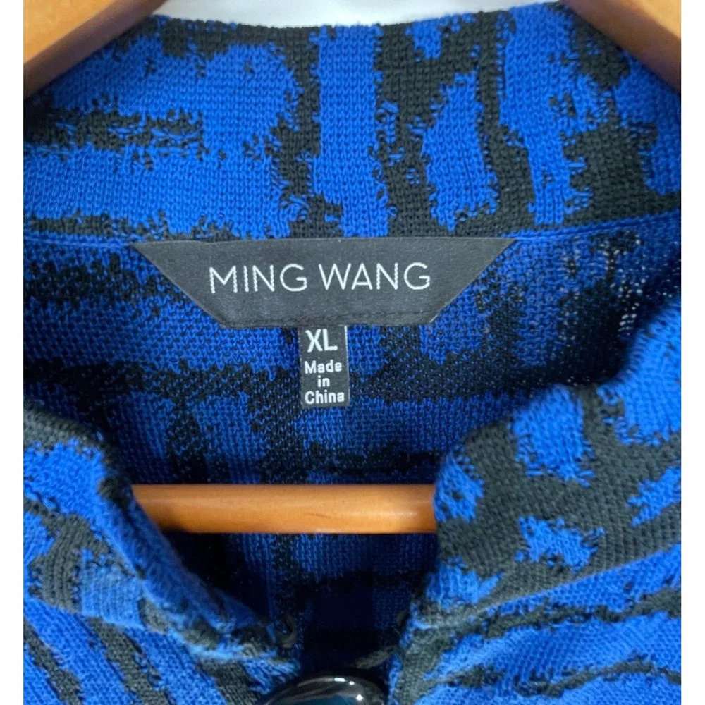 Ming Wang Womens XL Jacket Blue Black Knit Geometric Mock Neck Button Up